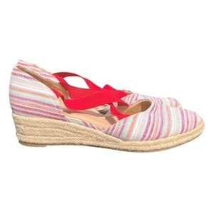 Abella Striped Espadrille Wedge with Red Straps, closed toe, women’s size 10